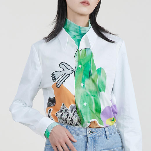 谜底纯棉衬衫女2023春季新款原创设计印花翻领白上衣女231MC0118 商品图3