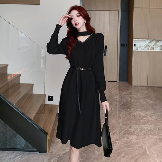 MKE-T-528-5202别致小众设计感立领镂空港风轻熟气质洋气黑色打底针织连衣裙 商品图2