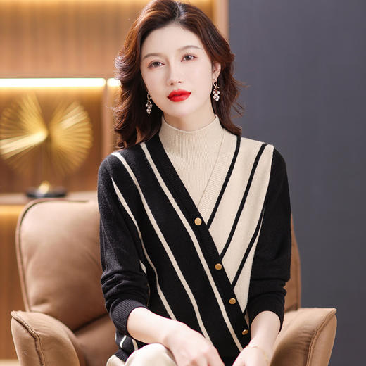 条纹假两件加绒加厚毛衣一体绒半高领洋气内搭CC-80-2820 商品图0