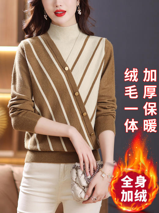 条纹假两件加绒加厚毛衣一体绒半高领洋气内搭CC-80-2820 商品图2