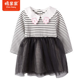 棉果果商场同款春季新品仙仙女童时尚气质翻领网纱连衣裙条纹拼接M122700223060