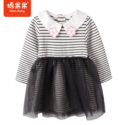 棉果果商场同款春季新品仙仙女童时尚气质翻领网纱连衣裙条纹拼接M122700223060 商品图0
