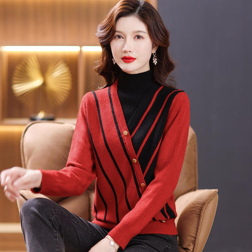 条纹假两件加绒加厚毛衣一体绒半高领洋气内搭CC-80-2820 商品图3