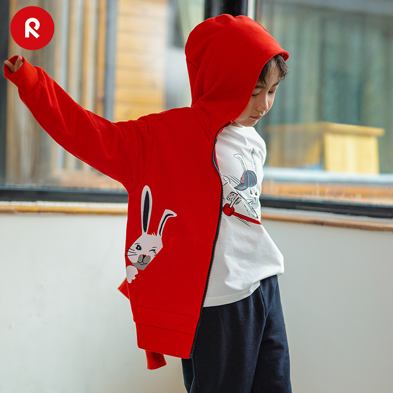 reima男女儿童大童卫衣新年款春夏兔子印花休闲连帽开衫外套