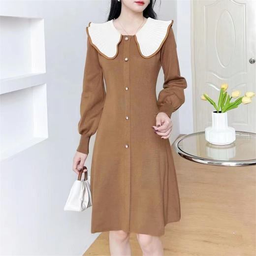 B007秋冬新款娃娃领针织连衣裙纯色套头中腰A字裙 商品图2