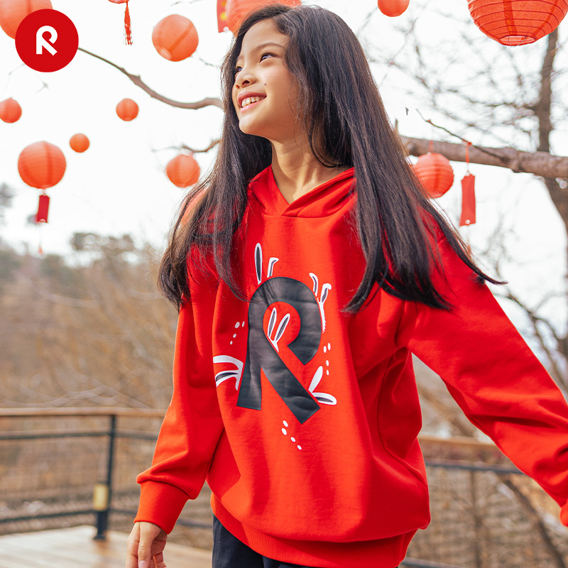 reima男女儿童大童卫衣新年款春夏兔子印花休闲运动连帽上衣