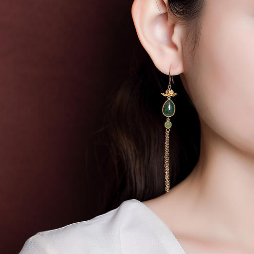 S925纯银镀金，和田玉碧玉国潮复古莲花水滴形流苏耳钩银耳坠CW-236 商品图3