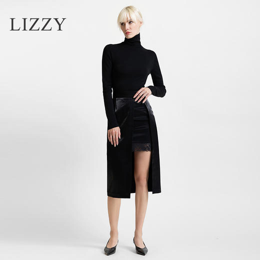 LIZZY2024时尚摩登个性 缎面蕾丝拼接不规则开叉半身裙6273 商品图1