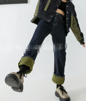 QG61601#加厚拼接绿色牛仔裤