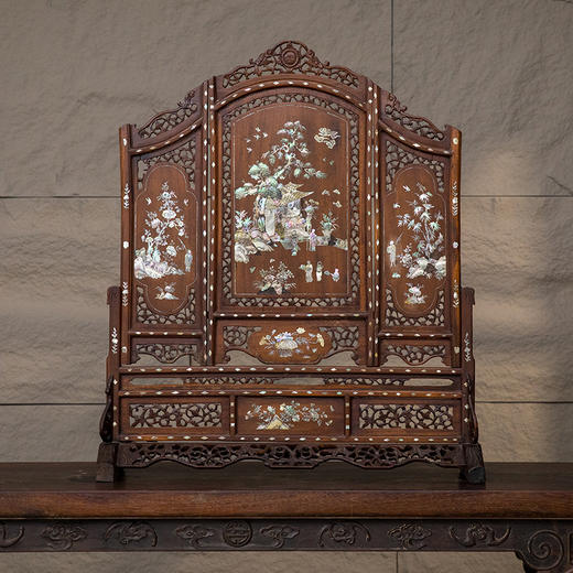 清 红木镶螺钿人物故事三扇座屏 商品图0