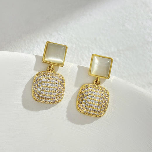 JU-A3826韩国百搭方形猫眼石耳钉新款潮锆石微镶感耳环女耳饰品 商品图4