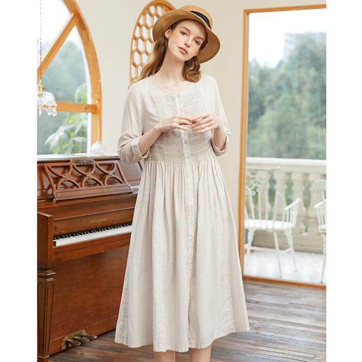 Famecoco范可儿细条纹打揽七分袖连衣裙圆领温柔气质长裙FAB1FA015 商品图4