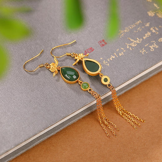 S925纯银镀金和田玉碧玉国潮复古莲花水滴形流苏耳钩CW 商品图2