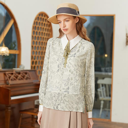 famecoco范可儿尖领系带雪纺衬衫女春款显瘦优雅印花上衣FAB1BA014 商品图1