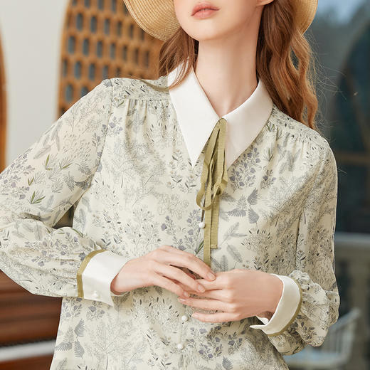 famecoco范可儿尖领系带雪纺衬衫女春款显瘦优雅印花上衣FAB1BA014 商品图4