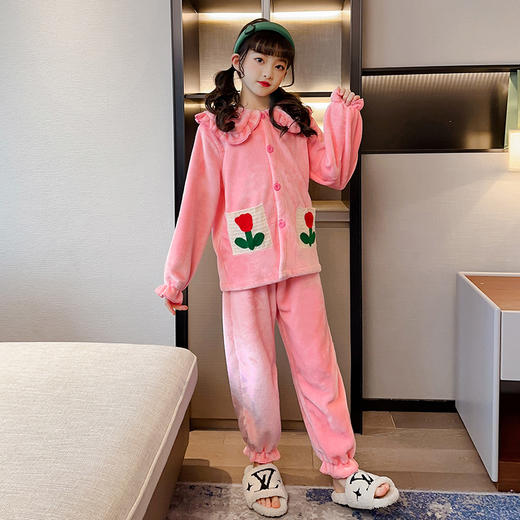 秋冬粉色法兰绒舒适睡衣，女童加绒款宝宝小孩子保暖家居服两件套童PJX-DX3943 商品图3