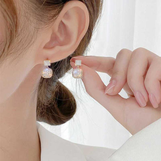 JU-A3826韩国百搭方形猫眼石耳钉新款潮锆石微镶感耳环女耳饰品 商品图0