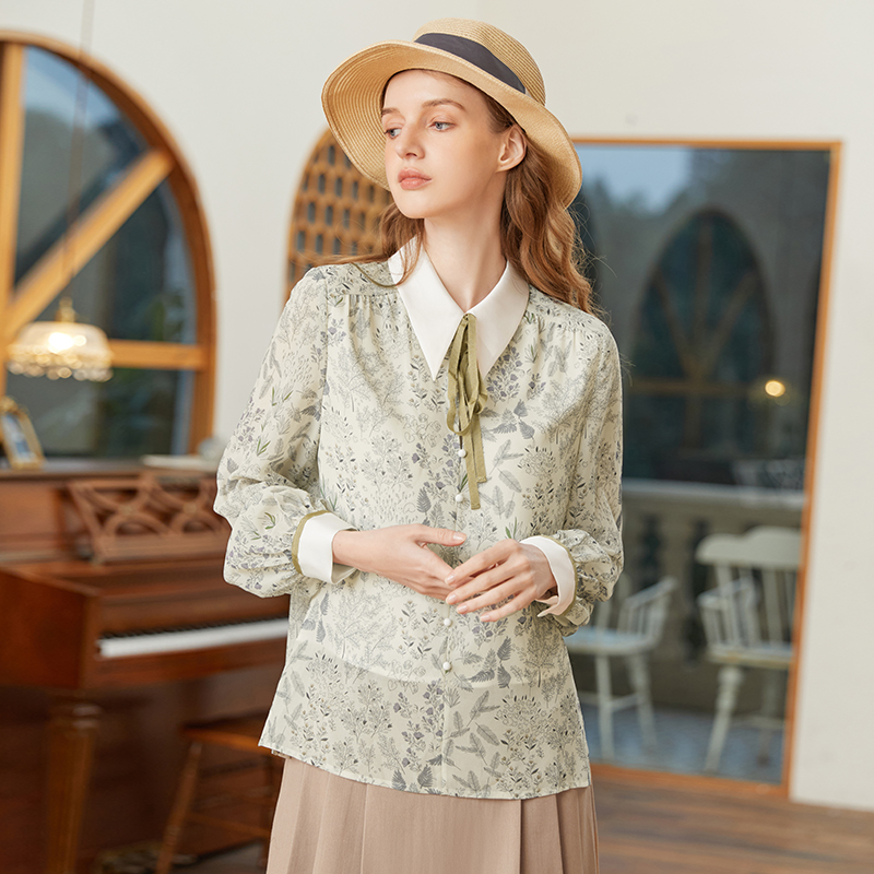 famecoco范可儿尖领系带雪纺衬衫女春款显瘦优雅印花上衣FAB1BA014