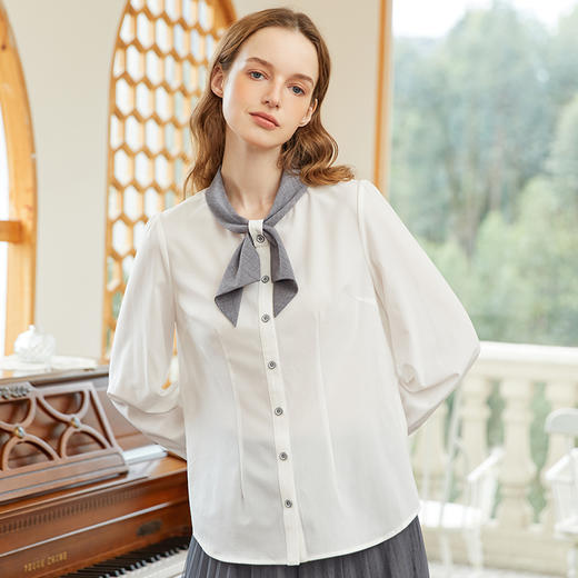 famecoco范可儿撞色飘带领衬衫女春季设计感时尚别致上衣FAB1BH008 商品图3