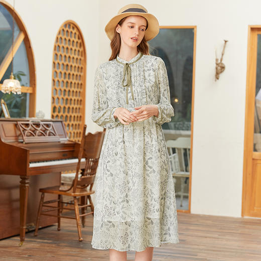 famecoco范可儿蝴蝶结系带雪纺裙春季印花仙女裙茶歇裙FAB1FA020 商品图0