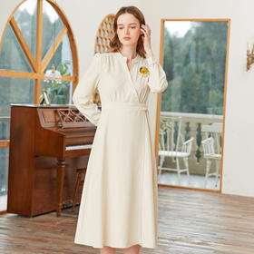 famecoco范可儿交叉v领连衣裙女春季一片式系带收腰长裙FAB1FA017