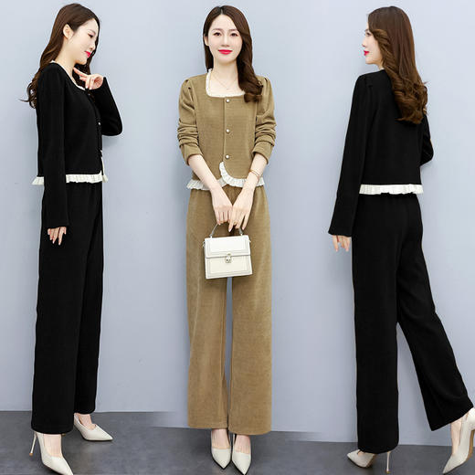 优雅舒适，春款新款套装时尚花边阔腿裤竖坑条气质大方HR-WL459 商品图3