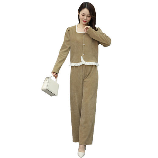 优雅舒适，春款新款套装时尚花边阔腿裤竖坑条气质大方HR-WL459 商品图4