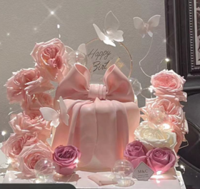 黑巢-粉嫩花海翻糖蛋糕生日蛋糕