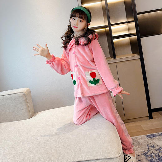 秋冬粉色法兰绒舒适睡衣，女童加绒款宝宝小孩子保暖家居服两件套童PJX-DX3943 商品图1