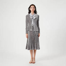 银色丝绒亮片修身针织开衫