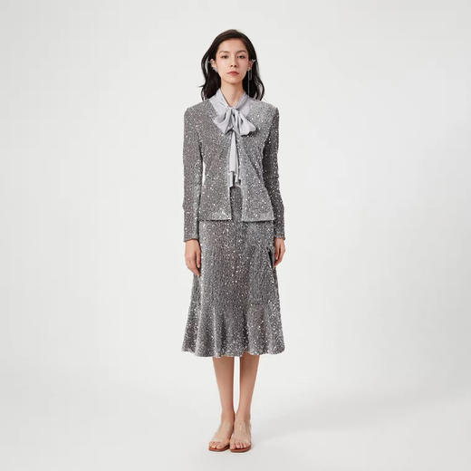 银色丝绒亮片修身针织开衫 商品图0