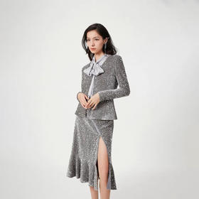 银色丝绒亮片拉链半裙