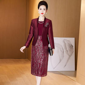 春装新款喜婆婆婚宴礼服，中年优雅时尚妈妈装两件套连衣裙LC-2288