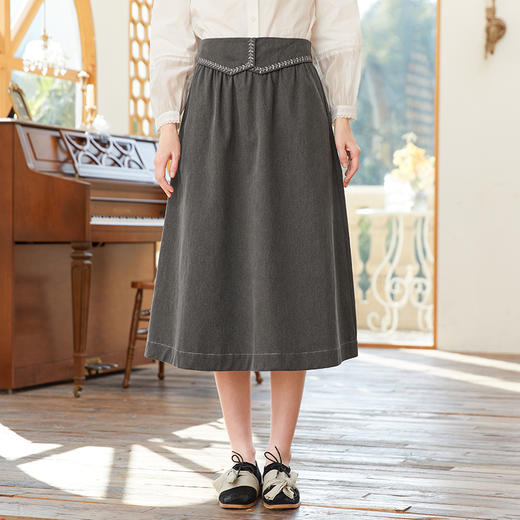 famecoco范可儿腰头设计感刺绣半身裙春季纯棉宽松a字裙FAB1HA002 商品图2