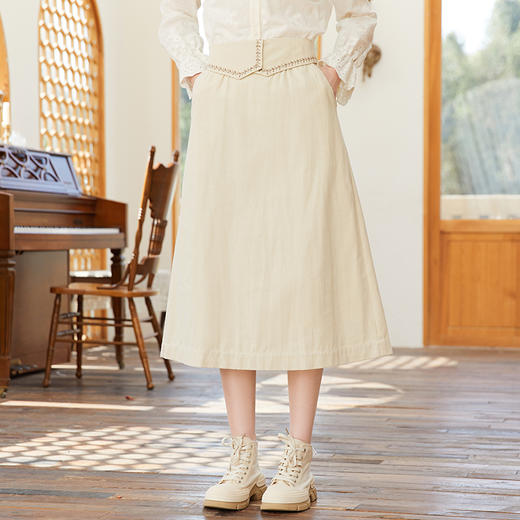 famecoco范可儿腰头设计感刺绣半身裙春季纯棉宽松a字裙FAB1HA002 商品图3