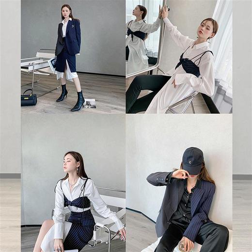BeQueenStory 【狂野女孩】条纹西装短外套衬衫半身套装 商品图0