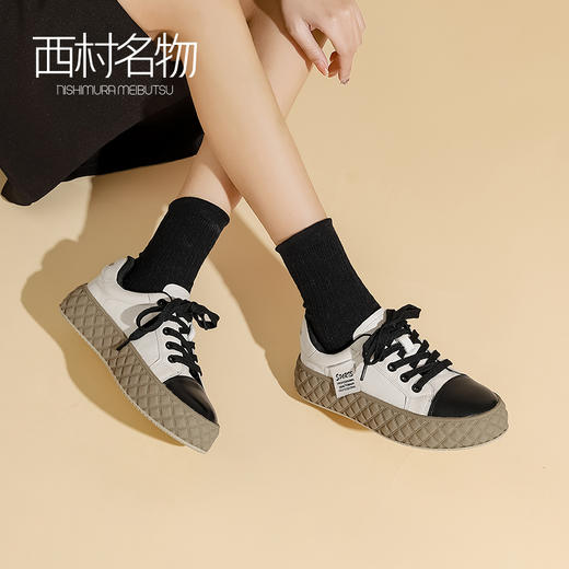 西村名物复古饼干鞋女2023春季新款小香风软底拼色休闲板鞋T23AM12611 商品图0