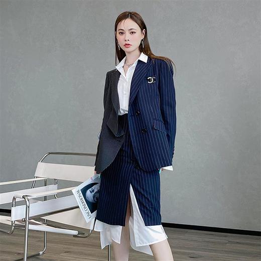 BeQueenStory 【狂野女孩】条纹西装短外套衬衫半身套装 商品图3