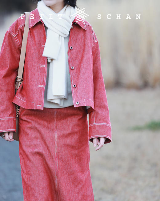 PETIT SCHAN小闪 CLO#180 rose 赤红色牛仔翻领外套/双开衩红色牛仔高腰半裙 商品图1