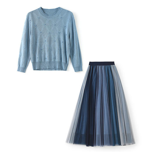 气质靛蓝！法式提花钉珠上衣+渐变压褶网纱裙两件套早春WLZD-2227412 商品图4