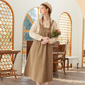 famecoco范可儿复古高腰背带裙春季刺绣棉麻大摆连衣裙女FAB1FE001