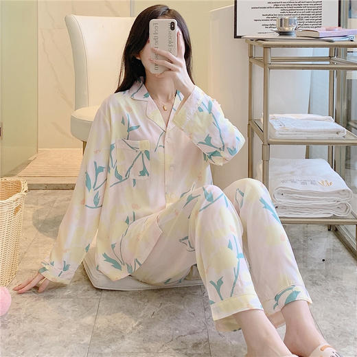 睡衣女春秋2023新款长袖开衫网红套装大码印花家居服  商品图0