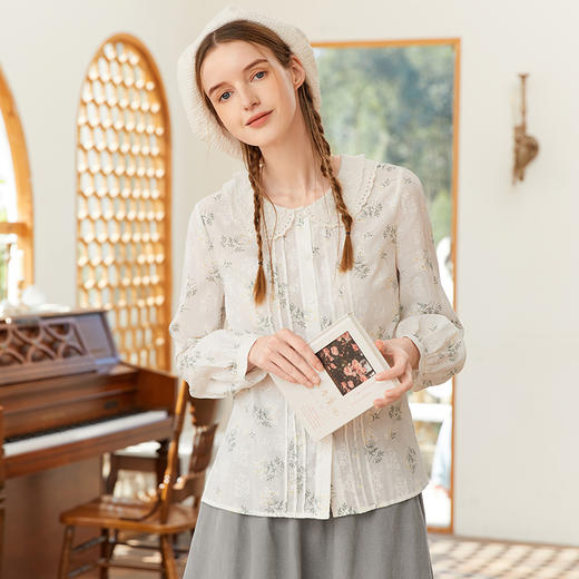 Famecoco范可儿减龄印花衬衫女春季蕾丝花边双层领上衣FAB1BA001 商品图1