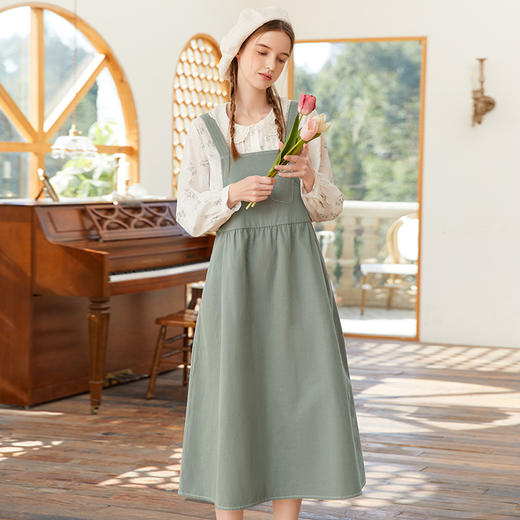 famecoco范可儿复古高腰背带裙春季刺绣棉麻大摆连衣裙女FAB1FE001 商品图3