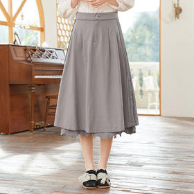 famecoco范可儿文艺棉麻半身裙女春季花边拼接宽松大摆裙FAB1HA014