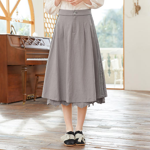 famecoco范可儿文艺棉麻半身裙女春季花边拼接宽松大摆裙FAB1HA014 商品图0