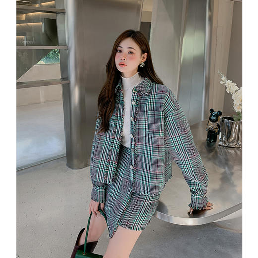 BeQueenStory【格林套装】洋气绿格纹立领小香风外套半裙套装 商品图4