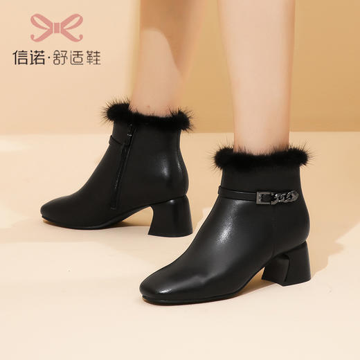 信诺真皮加绒白色短靴女2022新款冬季女士粗跟法式时装高跟棉皮鞋22M301-12 商品图0