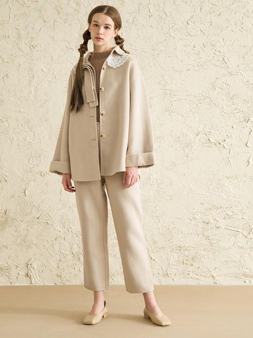 Famecoco范可儿气质百搭毛呢大衣冬季蕾丝花边娃娃领外套F198AC042 商品图4