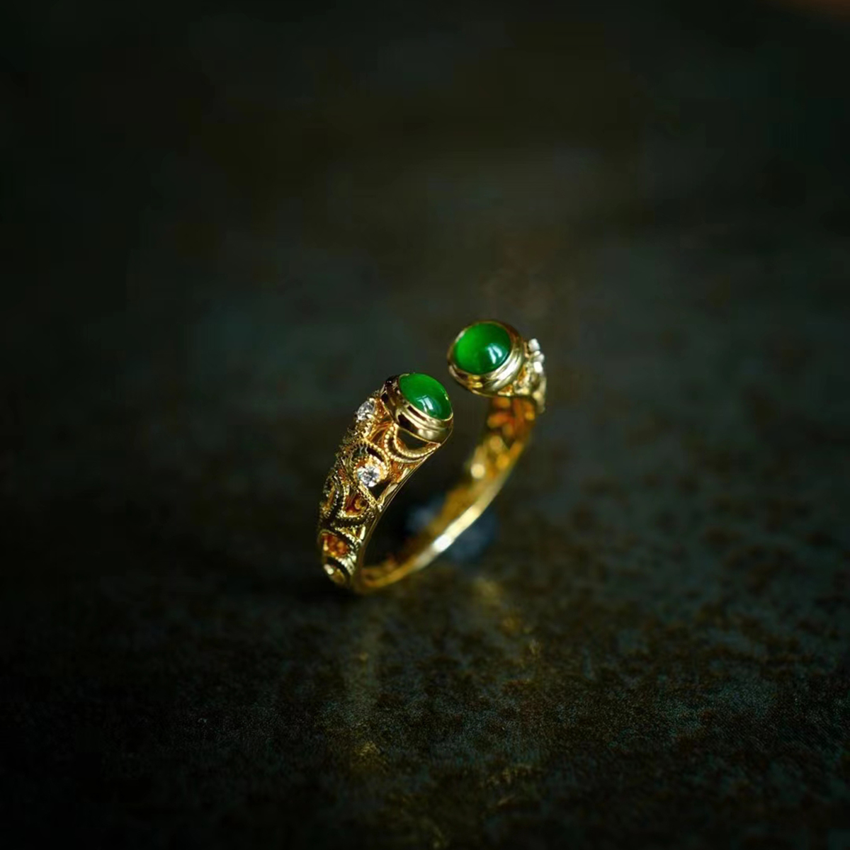 龢盒原创 18k金镶小众翡翠开口戒 戒指